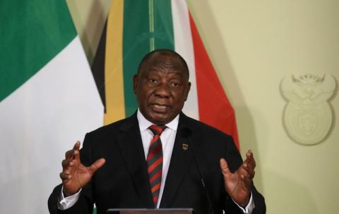 South African President Cyril Ramaphosa speaks during a news conference after a meeting with his Nigerian counterpart Muhammadu Buhari, in Pretoria, South Africa, October 3, 2019. PHOTO BY REUTERS/Siphiwe Sibeko