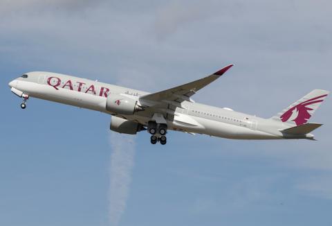 A Qatar Airways aircraft takes off at the aircraft builder's headquarters of Airbus in Colomiers near Toulouse, France, September 27, 2019. PHOTO BY REUTERS/Regis Duvignau