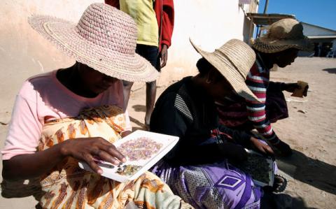 Women look through sapphires for sale by the roadside in the town of Ilakaka, September 14, 2007. PHOTO BY REUTERS/Jasleen Sethi