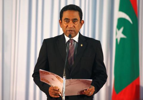 Abdulla Yameen takes his oath as the President of Maldives during a swearing-in ceremony at the parliament in Male, November 17, 2013. PHOTO BY REUTERS/Waheed Mohamed