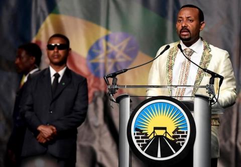 Ethiopia's Prime Minister Abiy Ahmed addresses his country's diaspora, the largest outside Ethiopia, calling on them to return, invest and support their native land with the theme "Break The Wall Build The Bridge", in Washington, U.S., July 28, 2018. PHOTO BY REUTERS/Mike Theiler
