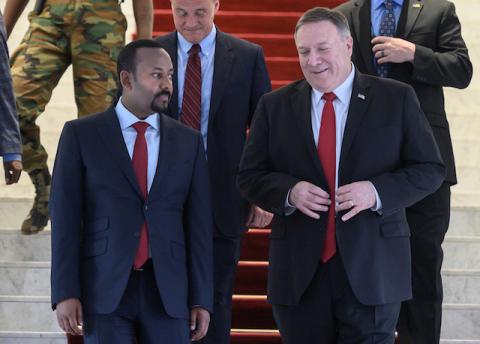 U.S. Secretary of State Mike Pompeo walks with Ethiopian Prime Minister Abiy Ahmed at the Prime Minister office after a meeting in Addis Ababa, Ethiopia, February 18, 2020. /PHOTO BY REUTERSAndrew Caballero-Reynolds/Pool