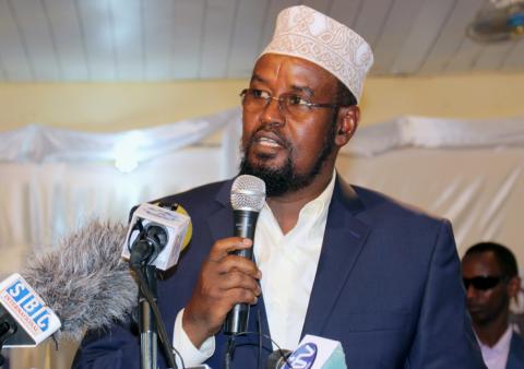 Ahmed Madobe speaks after being re-elected, in the southern port town of Kismayo, August 15, 2015. PHOTO BY REUTERS/Abdiqani Hassan