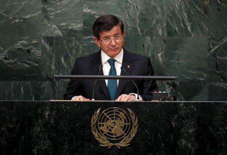 Prime Minister Ahmet Davutoglu of Turkey addresses a plenary meeting of the United Nations Sustainable Development Summit 2015 at the United Nations headquarters in Manhattan, New York, September 27, 2015. PHOTO BY REUTERS/Carlo Allegri