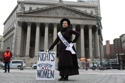 Amy Winn, 44, poses for a portrait representing 100 years of women's suffrage at the Women's Unity Rally, in front of the New York Supreme Court in Manhattan, in New York City, New York, U.S., January 19, 2019. PHOTO BY REUTERS/Gabriela Bhaskar