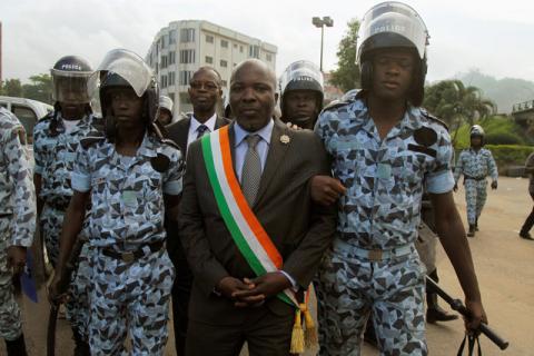 Ivory Coast member of parliament Gnangbo Kacou is detained during a march to protest against President Alassane Ouattara's new constitution, in Abidjan, Ivory Coast, October 20, 2016. PHOTO BY REUTERS/Luc Gnago