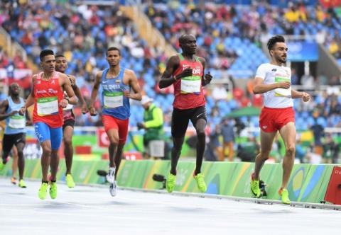 Andres Arroyo (PUR) competes in a men's 800m heat against Ferguson Cheruiyot Rotich (KEN, middle) and Adam Kszczot (POL, right) at Estadio Olimpico Joao Havelange during the 2016 Rio Summer Olympic Games, August 12, 2016. PHOTO BY USA TODAY Sports/James Lang