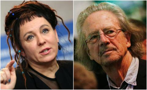 A combination of file photos shows Polish author Olga Tokarczuk attending a news conference to promote the movie 'Spoor' at the 67th Berlinale International Film Festival in Berlin, Germany, February 12, 2017 (L), and Austrian author and director Peter Handke receiving an art and culture award on occasion of his 70th birthday marked today in Salzburg, December 6, 2012. PHOTO BY REUTERS/Michele Tantussi/Dominic Ebenbichler