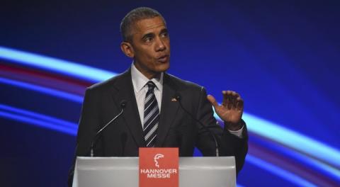 U.S. President Barack Obama gestures as he makes a speach during the opening ceremony of the Hannover Messe in Hanover, Germany, April 24, 2016. PHOTO BY REUTERS/Nigel Treblin