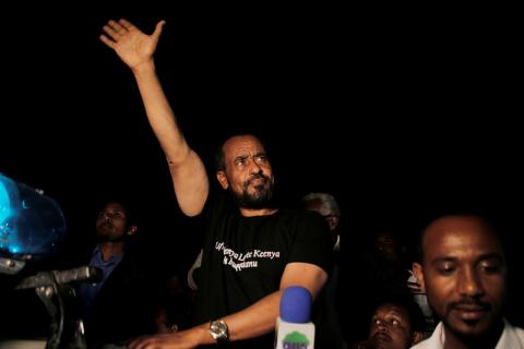 Bekele Gerba, secretary general of the Oromo Federalist Congress (OFC), waves to his supporters during the celebration after his release from prison in Adama town of Oromia region, Ethiopia, February 13, 2018. PHOTO BY REUTERS/Tiksa Negeri