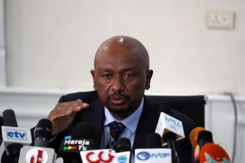 Seleshi Bekele, Ethiopia’s Minister of Water, Irrigation and Energy speaks during a news conference on the current status of Great Renaissance Nile Dam construction in Addis Ababa, Ethiopia, September 18, 2019. PHOTO BY REUTERS/Tiksa Negeri