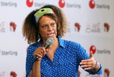 Booker Prize-winning author Bernardine Evaristo speaks at the Ake literary festival, in Nigeria's commercial capital Lagos, Nigeria, October 26, 2019. PHOTO BY REUTERS/Temilade Adelaja