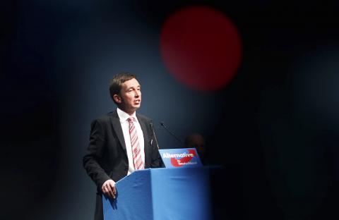 Bernd Lucke, party leader of Alternative for Germany party (AfD), speaks during a party meeting in Aschaffenburg