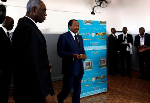 Cameroonian President Paul Biya casts his ballot at a polling station during the presidential election in Yaounde, Cameroon, October 7, 2018. PHOTO BY REUTERS/Zohra Bensemra