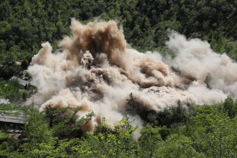 A command post and barracks of Punggye-ri nuclear test ground are blown up during the dismantlement process in Punggye-ri, North Hamgyong Province, North Korea May 24, 2018. PHOTO BY REUTERS/News1/Pool