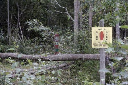 A Russian border marker (L) and an Estonian warning sign are pictured near the Estonian-Russian border, where, according to Estonia's officials, its security officer Eston Kohver was abducted in the south-east part of country, near the village of Miikse, September 7, 2014. PHOTO BY REUTERS/Ints Kalnins