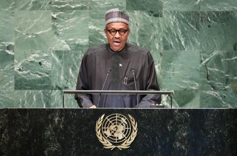 Nigeria's President Muhammadu Buhari addresses the 73rd session of the United Nations General Assembly at U.N. headquarters in New York, U.S., September 25, 2018. PHOTO BY REUTERS/Carlo Allegri