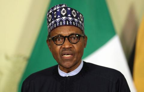 Nigerian President Muhammadu Buhari speaks during a news conference after a meeting with his South African counterpart Cyril Ramaphosa, in Pretoria, South Africa, October 3, 2019. PHOTO BY REUTERS/Siphiwe Sibeko