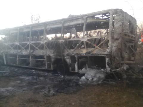 The burnt out remains of a passenger bus that caught fire are seen near Beitbridge, Zimbabwe, in this undated handout picture received November 16, 2018. PHOTO BY REUTER/ZIMBABWE RED CROSS