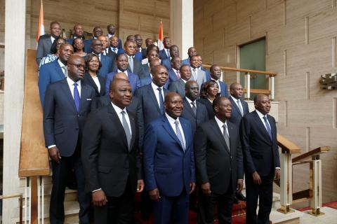 Ivory Coast President Alassane Ouattara and the new government members pose for the family picture at the presidential palace in Abidjan, Ivory Coast, July 11, 2018. PHOTO BY REUTERS/Luc Gnago