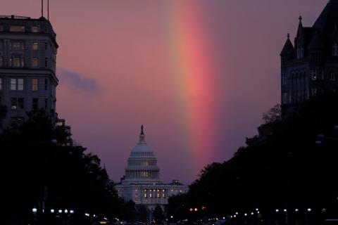 A rainbow forms over the U.S. Capitol as evening sets on midterm Election Day in Washington, U.S., November 6, 2018. PHOTO BY REUTERS/Jonathan Ernst