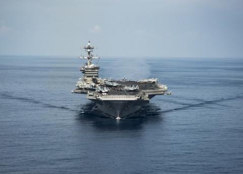 The aircraft carrier USS Carl Vinson transits the South China Sea while conducting flight operations on April 9, 2017. PHOTO BY REUTERS/Z.A. Landers/Courtesy U.S. Navy