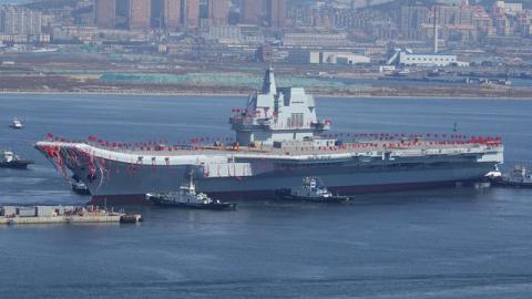 China's first domestically built aircraft carrier is seen during its launching ceremony in Dalian, Liaoning province, China, April 26, 2017. PHOTO BY REUTERS/Stringer