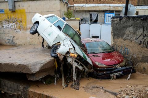 Damaged vehicles are seen after a flash flooding in Shiraz, Iran, March 26, 2019. PHOTO BY REUTERS/Tasnim News Agency