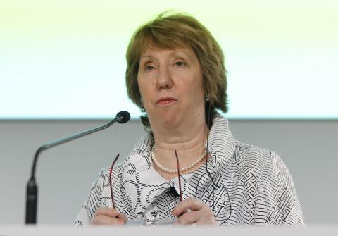 European Union foreign policy chief Catherine Ashton looks on as she peaks during a news conference at the end of an informal meeting of the EU Foreign Affairs Ministers in Milan