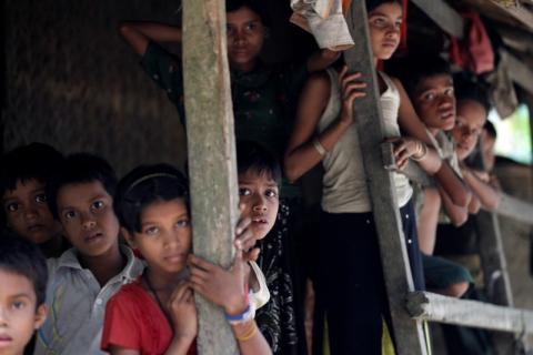 Rohingya Muslim children stand in U Shey Kya village outside Maungdaw in Rakhine state, Myanmar, October 27, 2016. PHOTO BY REUTERS/Soe Zeya Tun