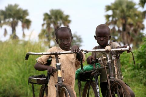 Refugee children from South Sudan ride their bicycles at Palorinya settlement in Moyo district northern Uganda, October 25, 2017. PHOTO BY REUTERS/James Akena 