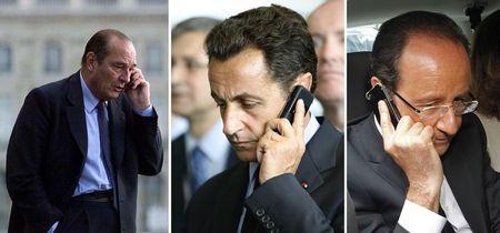 A combination photo shows file pictures of former French President Jacques Chirac, former French President Nicolas Sarkozy and to be French President Francois Hollande making phone calls, in France. PHOTO BY REUTERS/Regis Duvignau