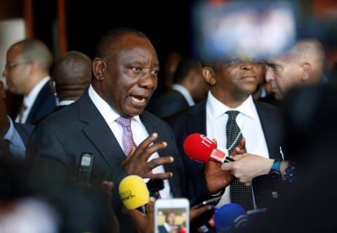 South African Deputy President Cyril Ramaphosa speaks with journalists at the World Economic Forum on Africa 2017 meeting in Durban, South Africa, May 5, 2017. PHOTO BY REUTERS/Rogan Ward