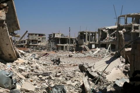 The damaged buildings inside a former Palestinian refugee camp in a rebel-held part of the southern city of Deraa, Syria, June 18, 2017. PHOTO BY REUTERS/Alaa Al-Faqir