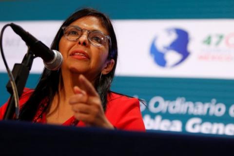 Venezuelan Foreign Minister Delcy Rodriguez speaks during a news conference on the sidelines of the OAS 47th General Assembly in Cancun, Mexico, June 20, 2017. PHOTO BY REUTERS/Carlos Jasso