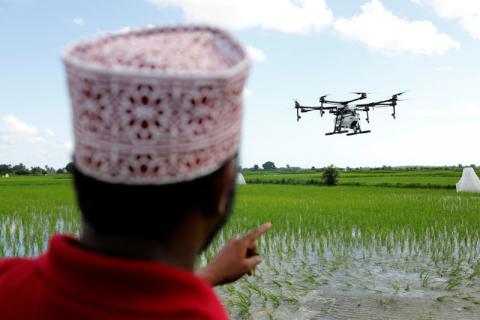 Drone pilot watches a customized DJI Agras MG-1S drone fly over a rice field during a training flight being part of a test in using drone technology in the fight against malaria, near Zanzibar City, on the island of Zanzibar, Tanzania, October 31, 2019. PHOTO BY REUTERS/Baz Ratner
