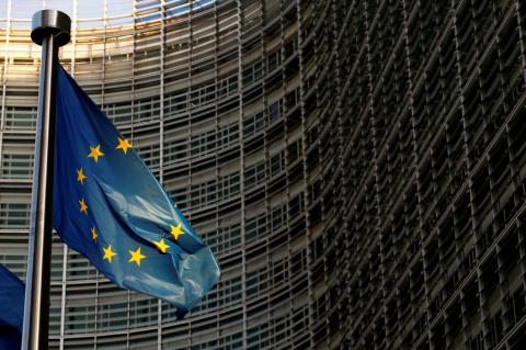A European Union flag is seen outside the EU Commission headquarters in Brussels, Belgium, November 14, 2018. PHOTO BY REUTERS/Francois Lenoir