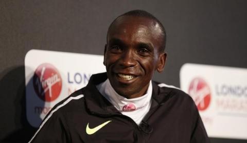 Winner of the elite men's race, Kenya's Eliud Kipchoge during the press conference in The Tower Hotel, St Katharine's Way, London - 25/4/16. PHOTO BY REUTERS/Peter Cziborra