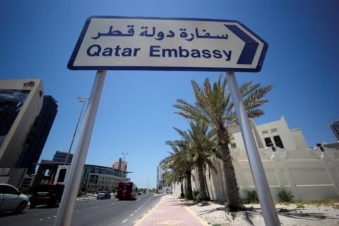 A sign indicating a route to Qatar embassy is seen in Manama, Bahrain, June 5, 2017. PHOTO BY REUTERS/Hamad I Mohammed