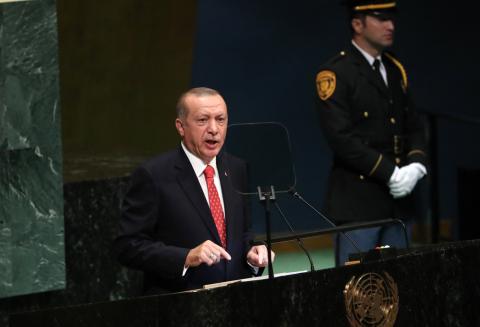 Turkey's President Recep Tayyip Erdogan addresses the 73rd session of the United Nations General Assembly at U.N. headquarters in New York, U.S., September 25, 2018. PHOTO BY REUTERS/Shannon Stap
