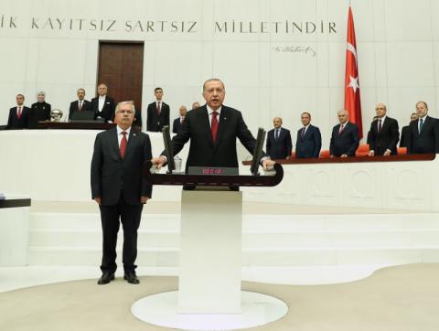 Turkish President Tayyip Erdogan takes the oath of office for a new presidential term, at the Parliament in Ankara, Turkey, July 9, 2018. PHOTO BY REUTERS/Kayhan Ozer/Presidential Palace