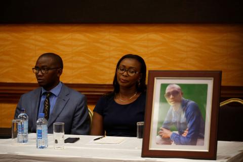 Tom Kabau and Esther Kabau-Wanyoike the brother and sister of Kenyan George Kabau who died in the Ethiopian Airlines crash sit next to his picture during a news conference where their lawyers announced they plan to file a wrongful-death lawsuit against Boeing, at the Serene hotel in Nairobi, Kenya, April 16, 2019. PHOTO BY REUTERS/Baz Ratner