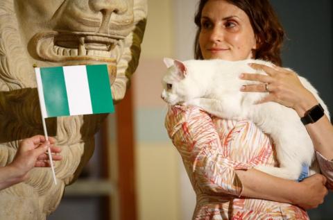 Achilles the cat, that lives in St Petersburg's Hermitage museum, chooses Nigeria while attempting to predict the result of the match of the soccer World Cup between Argentina and Nigeria in Saint Petersburg, Russia, June 26, 2018. PHOTO BY REUTERS/Anton Vaganov