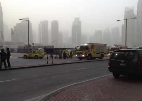 Fire engines are seen after a fire broke out at "The Torch", a residential high-rise tower, in Dubai, February 21, 2015. PHOTO BY REUTERS/David French