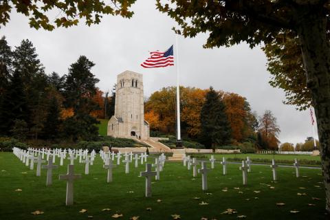The American flag flies at the Aisne-Marne American Cemetery dedicated to the U.S. soldiers killed in the Belleau Wood battle during World War One at Belleau, France, November 10, 2018. PHOTO BY REUTERS/Charles Platiau