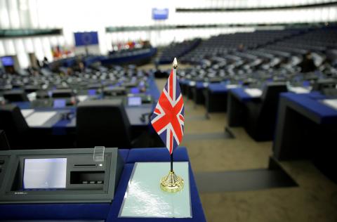 A Union Jack flag is seen on the desk of a Member of the European Parliament ahead of a debate on BREXIT after the vote on british Prime Minister Theresa May's Brexit deal, at the European Parliament in Strasbourg, France, January 16, 2019. PHOTO BY REUTERS/Vincent Kessler
