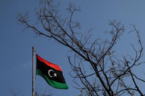 A Libyan flag flutters atop the Libyan Consulate in Athens, Greece, December 6, 2019. PHOTO BY REUTERS/Costas Baltas