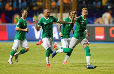 Madagascar's Thomas Fontaine and Anicet Abel celebrate after winning the penalty shootout in the Africa Cup of Nations 2019 Round of 16 in the Madagascar v DR Congo at Alexandria Stadium, Alexandria, Egypt - July 7, 2019. PHOTO BY REUTERS/Mohamed Abd El Ghany