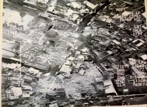 A still image taken from video shows the destroyed Grand al-Nuri Mosque of Mosul in Iraq, June 21, 2017. PHOTO BY REUTERS/Iraqi Military Handout