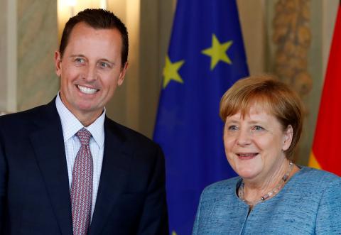 German Chancellor Angela Merkel receives the ambassador of U.S. to Germany, Richard Grenell, in Meseberg, Germany, July 6, 2018. PHOTO BY REUTERS/Axel Schmidt